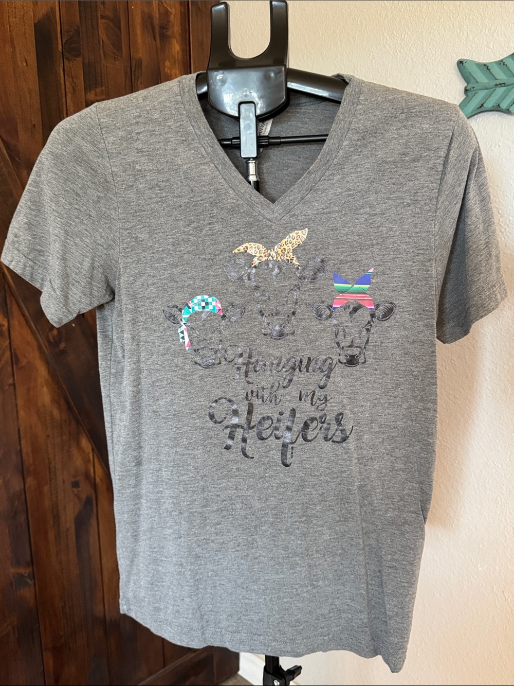 Bella Canvas Gray V-Neck Tee with Colorful Cow Headbands